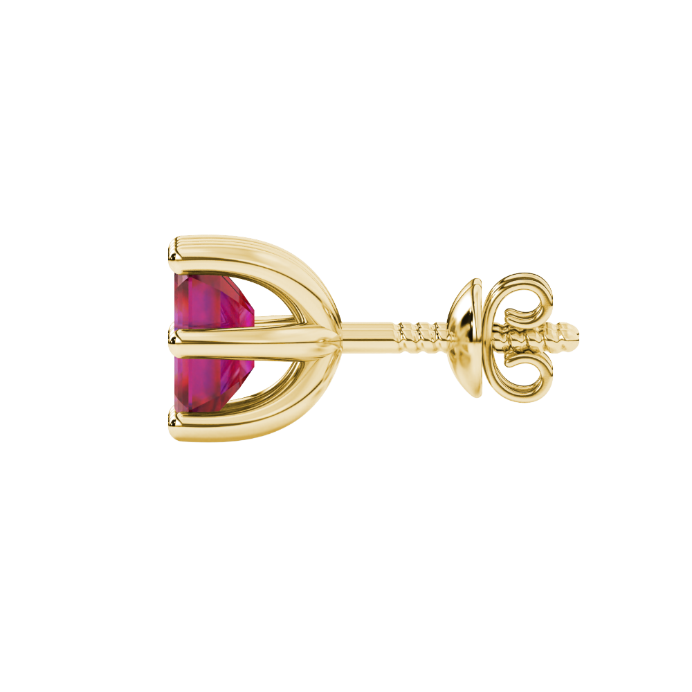 Emerald cut red gemstone solitaire stud earrings in gold with six prong setting