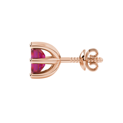 Emerald cut red gemstone solitaire stud earrings in gold with six prong setting