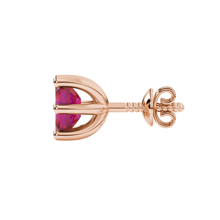 Emerald cut red gemstone solitaire stud earrings in gold with six prong setting