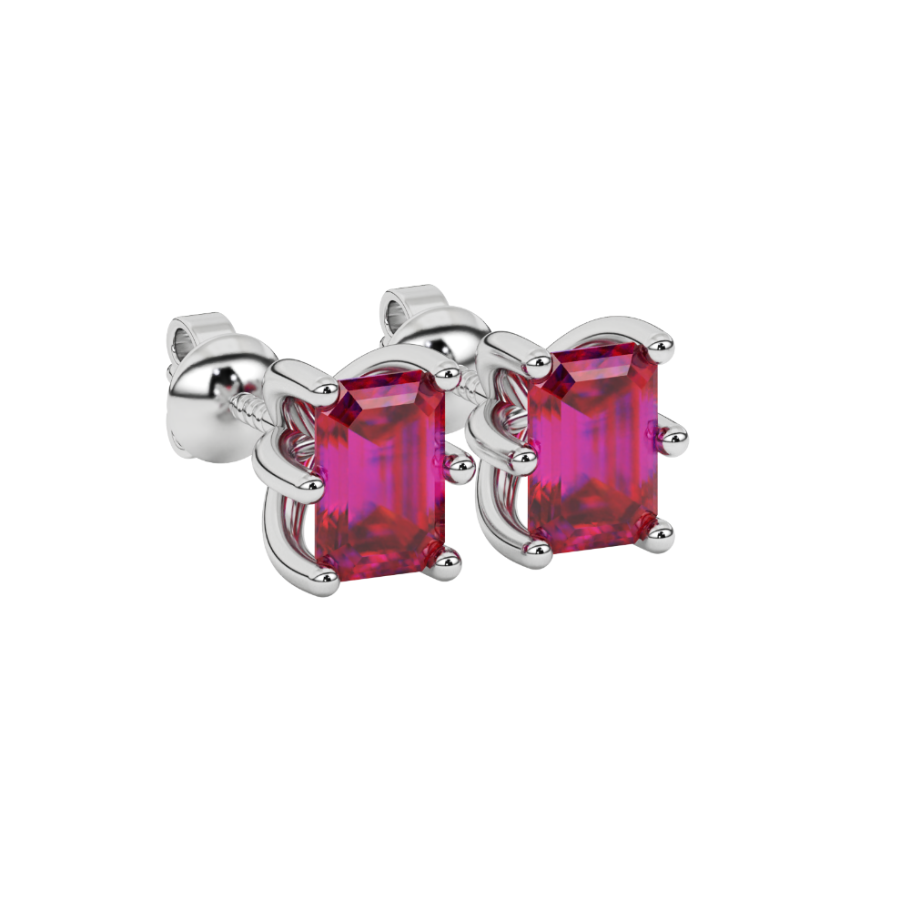 Emerald cut red gemstone solitaire stud earrings in gold with six prong setting