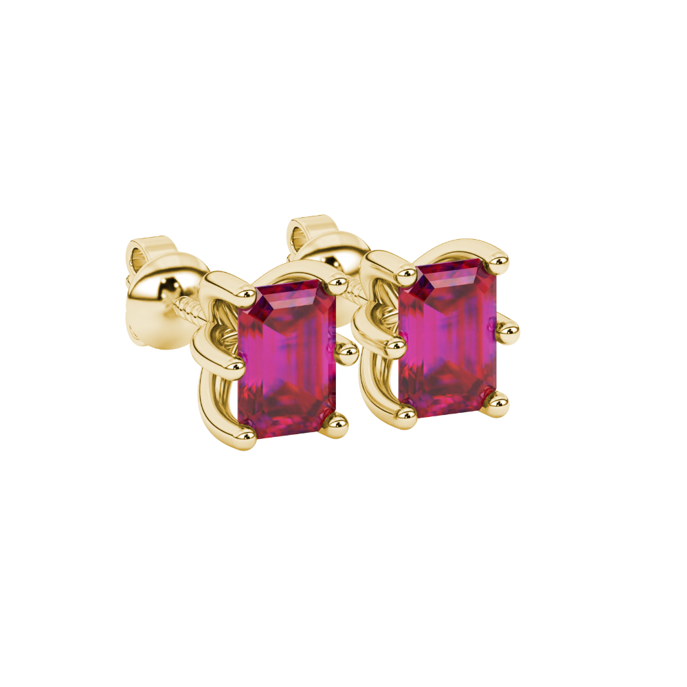 Emerald cut red gemstone solitaire stud earrings in gold with six prong setting