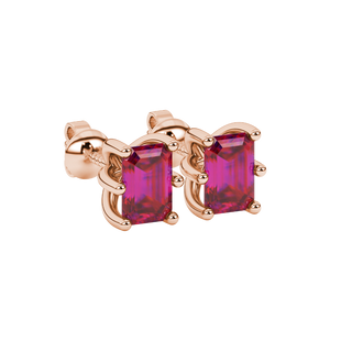 Raspberry Red emerald cut six-prong gemstone stud earrings in Rose Gold