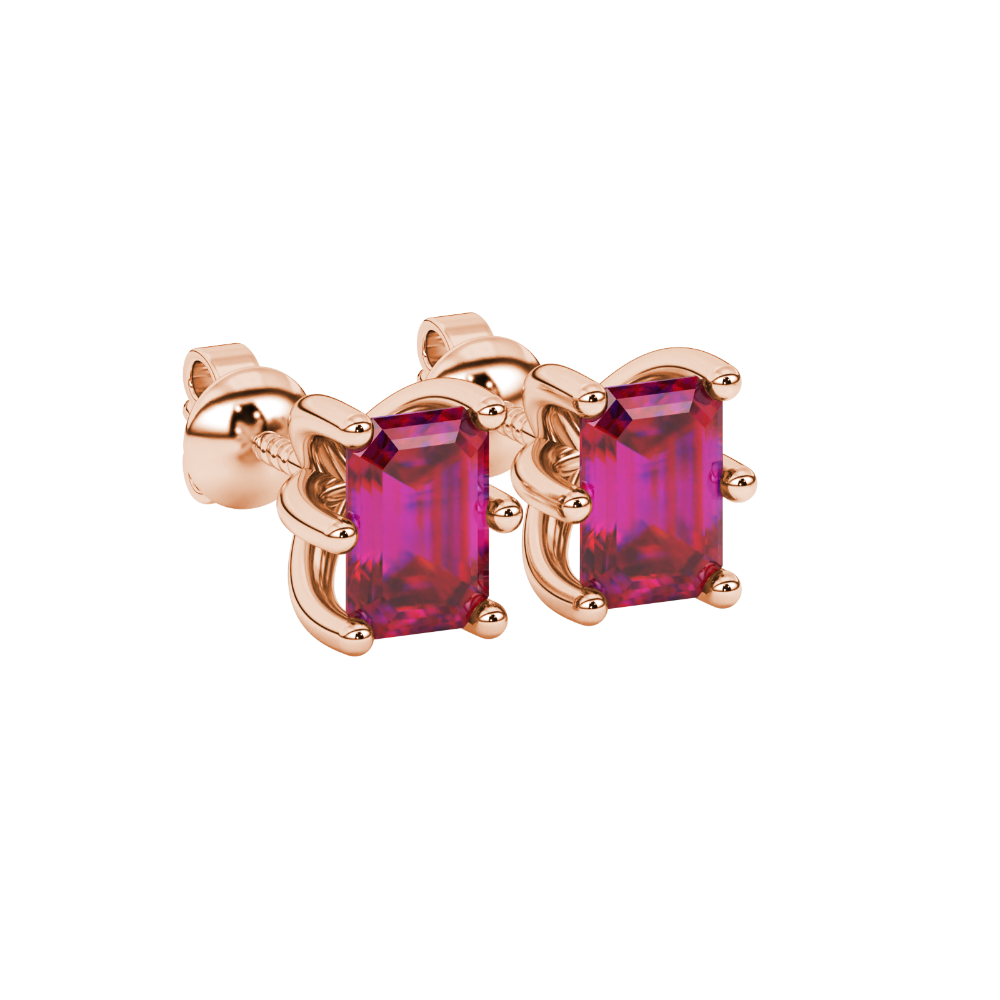Emerald cut red gemstone solitaire stud earrings in gold with six prong setting