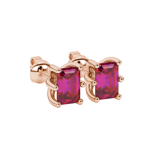 Raspberry Red emerald cut six-prong gemstone stud earrings in Rose Gold