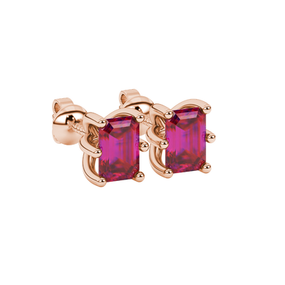 Emerald cut red gemstone solitaire stud earrings in gold with six prong setting