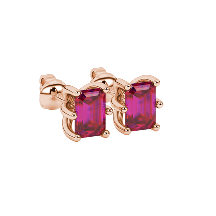 Emerald cut red gemstone solitaire stud earrings in gold with six prong setting