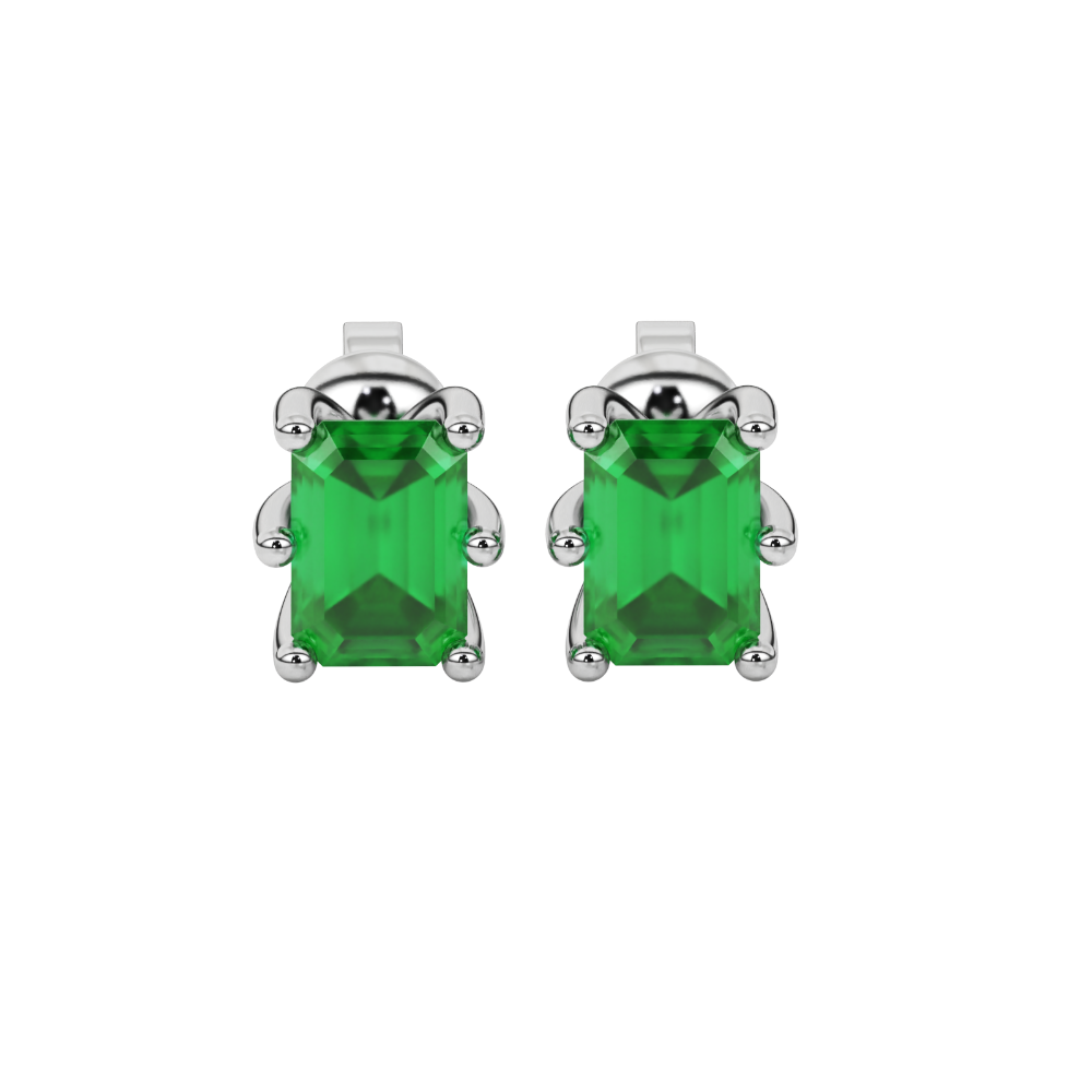 Emerald cut green gemstone solitaire stud earrings in gold with six prong setting