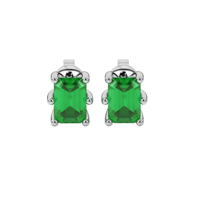 Emerald Green emerald cut six-prong gemstone stud earrings in White Gold