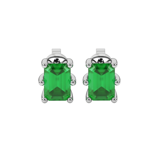 Emerald Green emerald cut six-prong gemstone stud earrings in White Gold