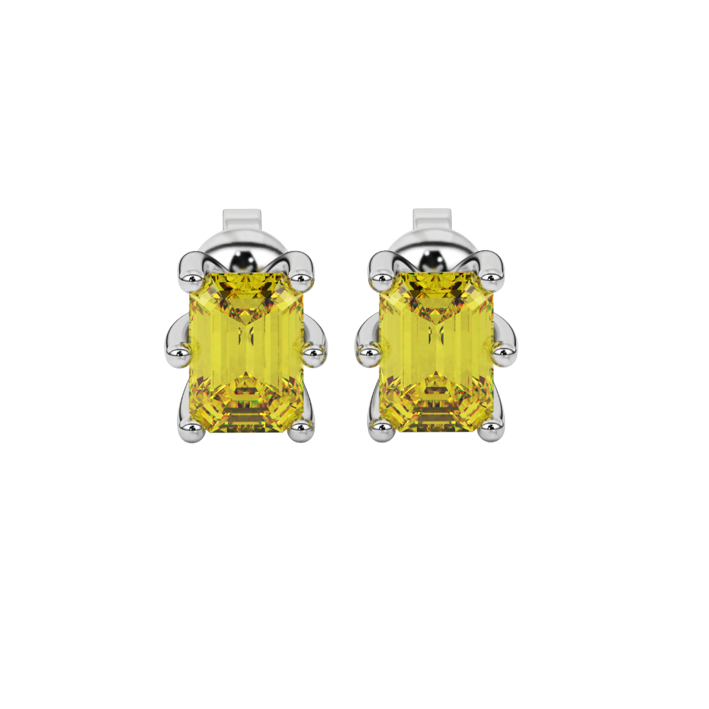 Emerald cut yellow gemstone solitaire stud earrings in gold with six prong setting