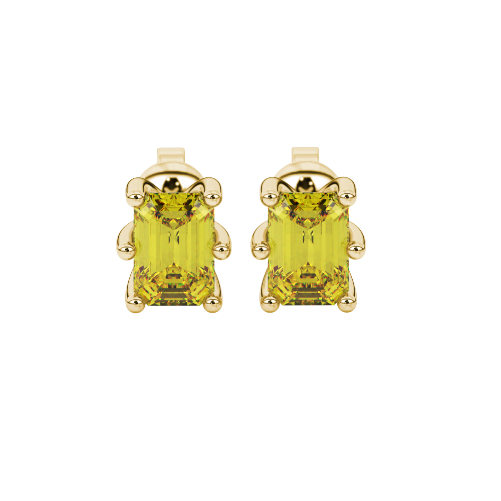 Emerald cut yellow gemstone solitaire stud earrings in gold with six prong setting