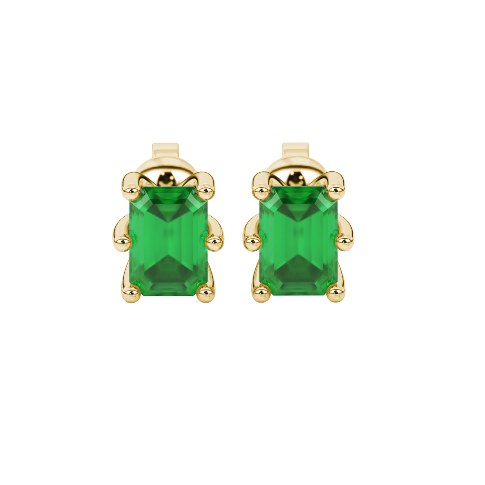 Emerald cut green gemstone solitaire stud earrings in gold with six prong setting