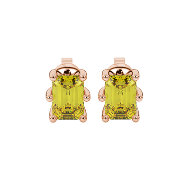 Emerald cut yellow gemstone solitaire stud earrings in gold with six prong setting