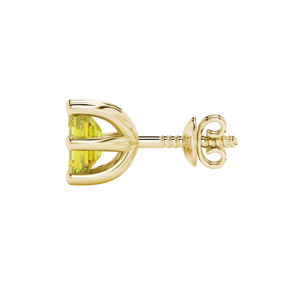Emerald cut yellow gemstone solitaire stud earrings in gold with six prong setting