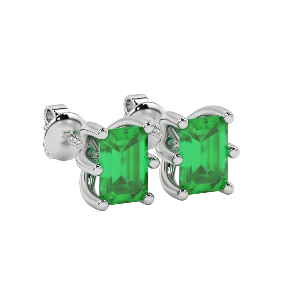 Emerald cut green gemstone solitaire stud earrings in gold with six prong setting