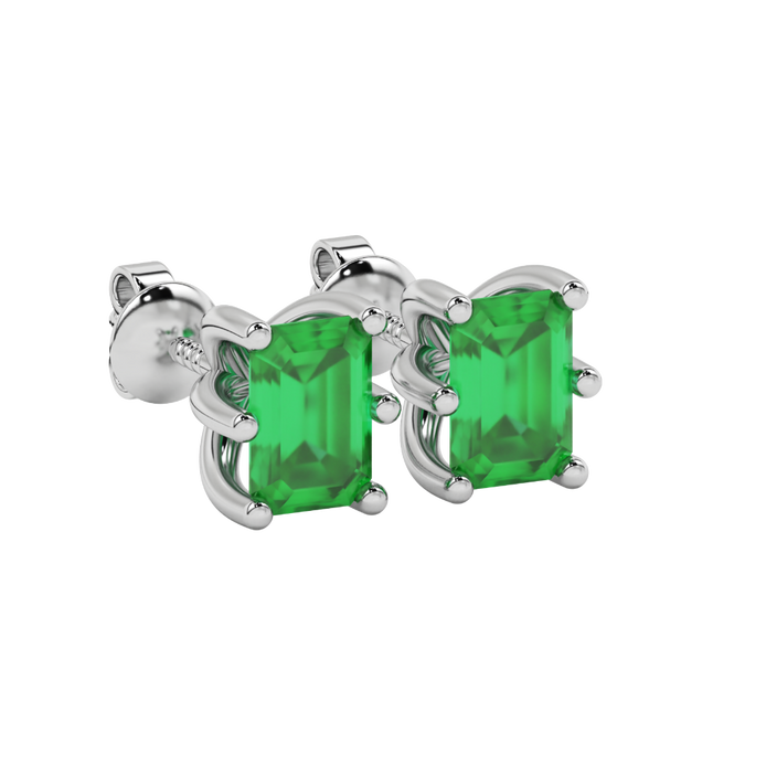 Emerald cut green gemstone solitaire stud earrings in gold with six prong setting