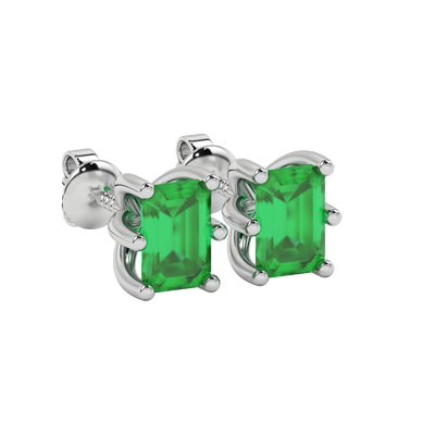 Emerald cut green gemstone solitaire stud earrings in gold with six prong setting
