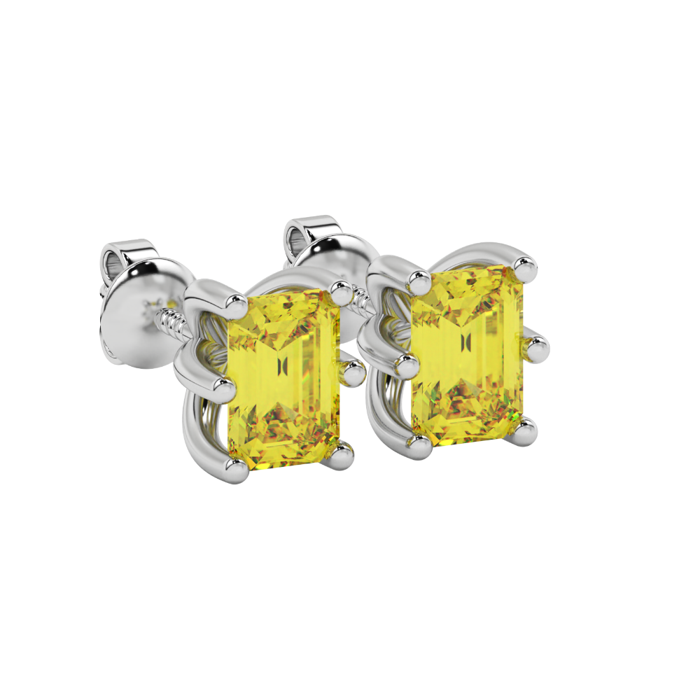 Emerald cut yellow gemstone solitaire stud earrings in gold with six prong setting