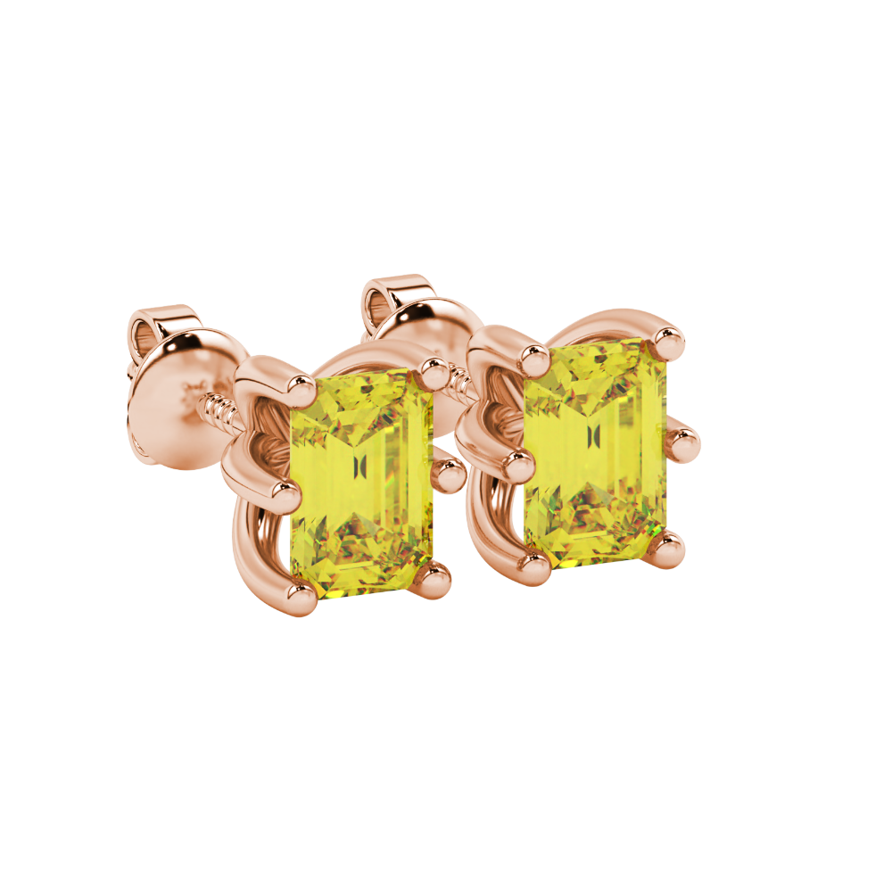 Emerald cut yellow gemstone solitaire stud earrings in gold with six prong setting