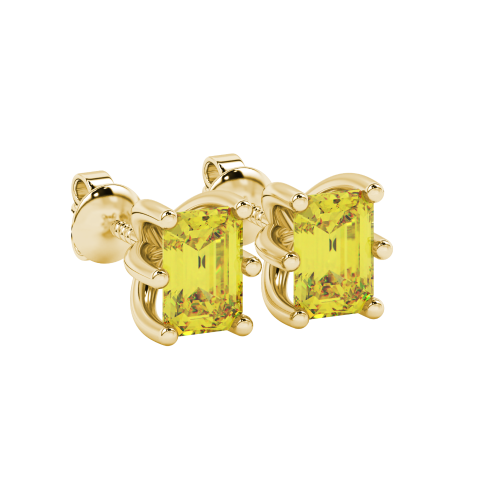 Emerald cut yellow gemstone solitaire stud earrings in gold with six prong setting