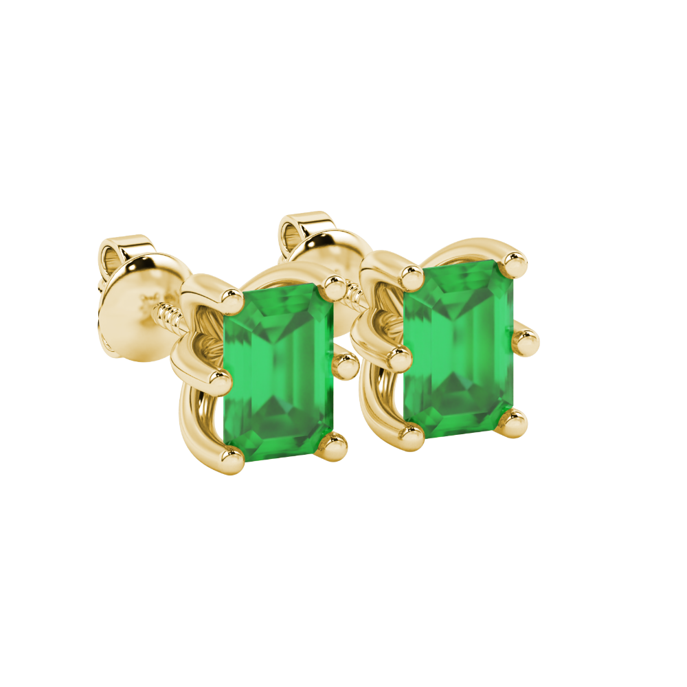 Emerald cut green gemstone solitaire stud earrings in gold with six prong setting