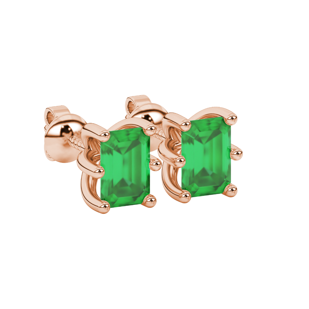 Emerald cut green gemstone solitaire stud earrings in gold with six prong setting