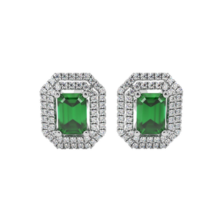Emerald Green emerald cut double falling edge halo gemstone stud earrings in White Gold