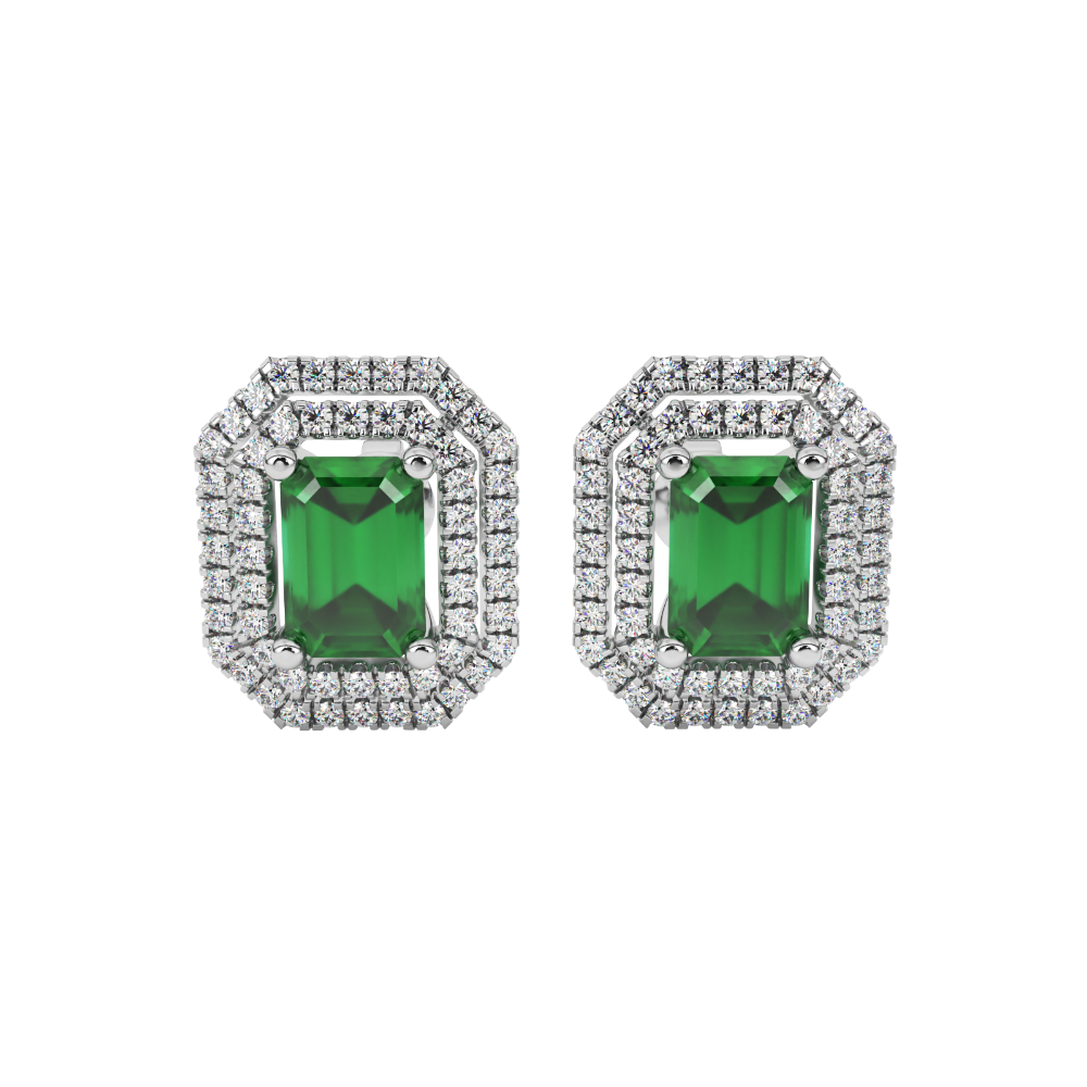 Emerald cut green gemstone double halo stud earrings with octagonal diamond halo in gold