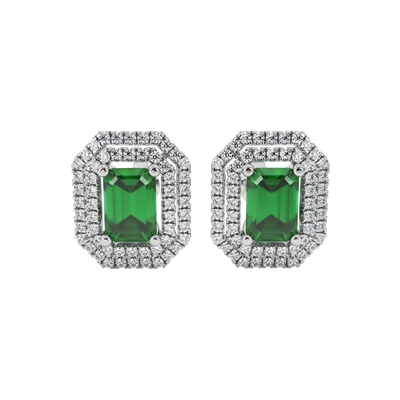 Emerald Green emerald cut double falling edge halo gemstone stud earrings in White Gold