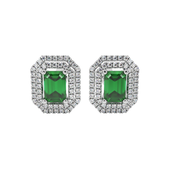 Emerald Green emerald cut double falling edge halo gemstone stud earrings in White Gold