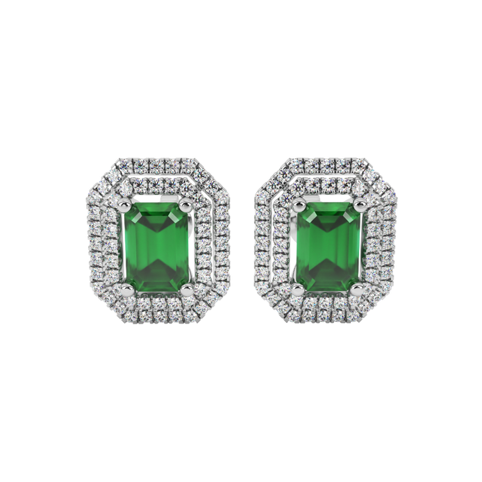Emerald cut green gemstone double halo stud earrings with octagonal diamond halo in gold