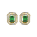 Emerald cut green gemstone double halo stud earrings with octagonal diamond halo in gold