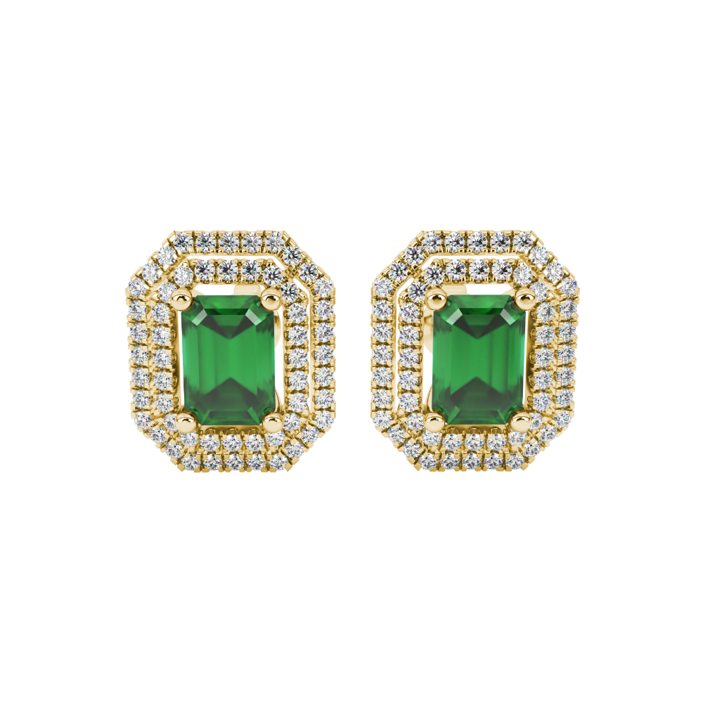 Emerald cut green gemstone double halo stud earrings with octagonal diamond halo in gold
