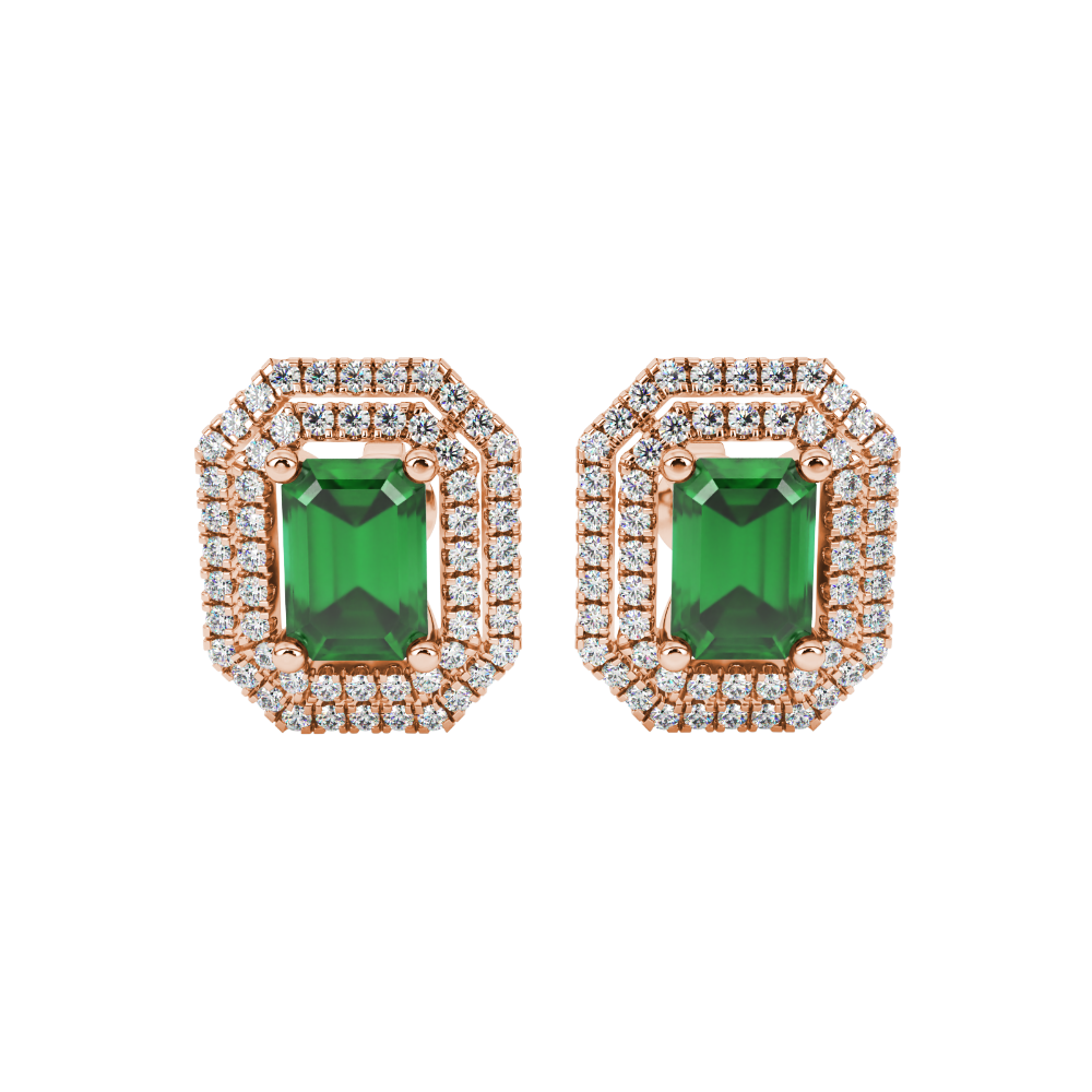 Emerald cut green gemstone double halo stud earrings with octagonal diamond halo in gold