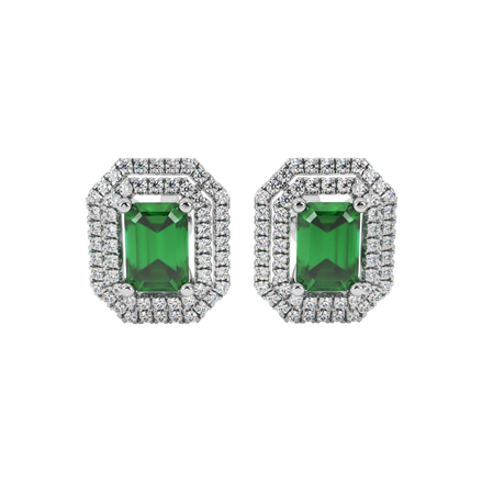 Emerald cut green gemstone double halo stud earrings with octagonal diamond halo in gold
