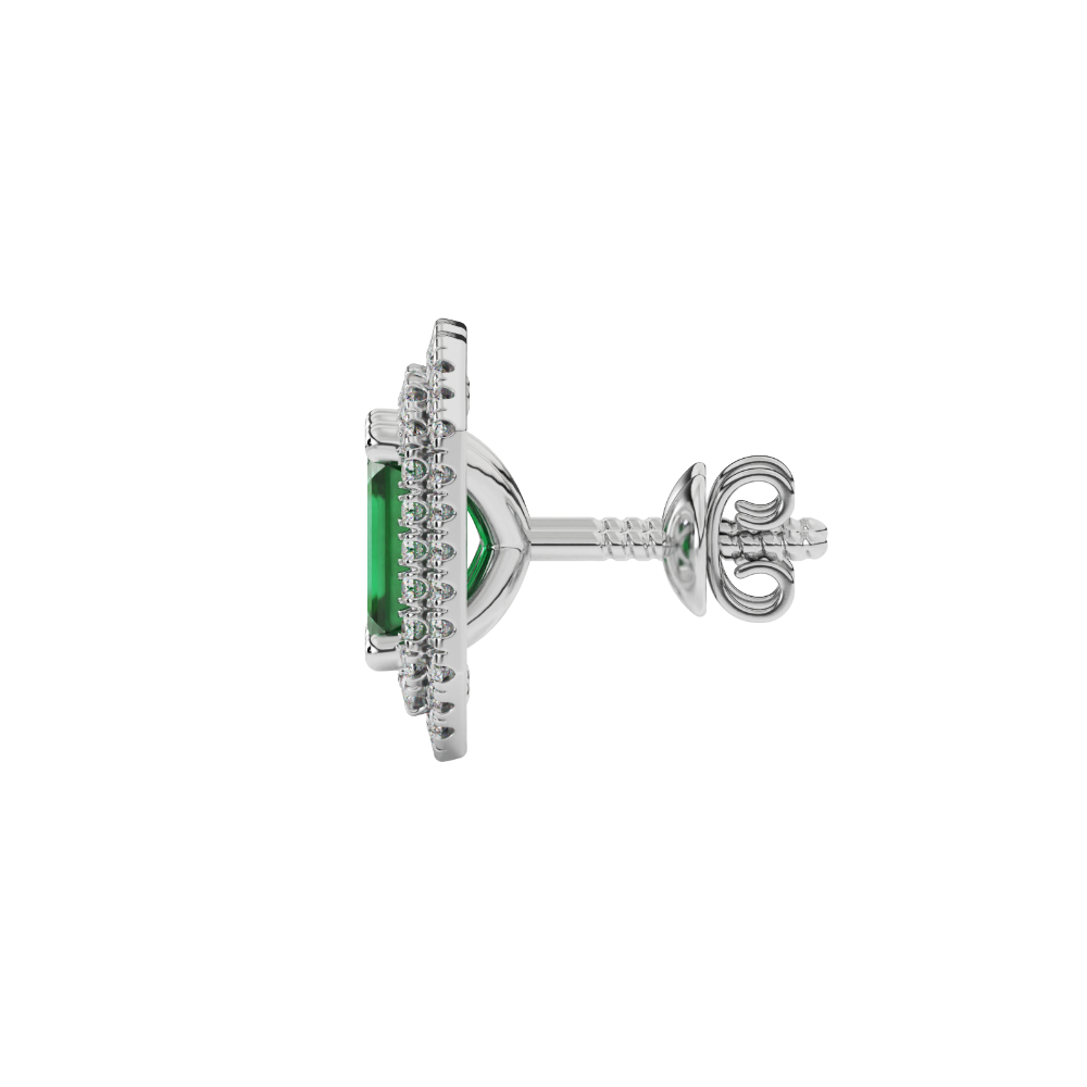 Emerald cut green gemstone double halo stud earrings with octagonal diamond halo in gold