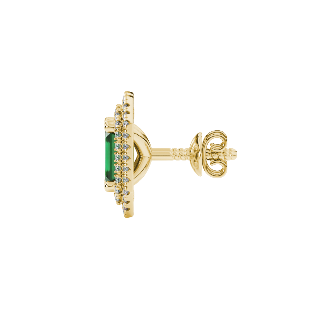 Emerald cut green gemstone double halo stud earrings with octagonal diamond halo in gold
