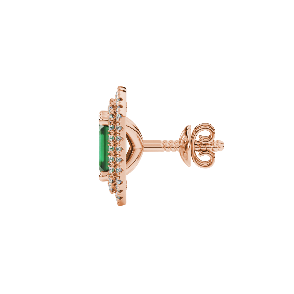 Emerald cut green gemstone double halo stud earrings with octagonal diamond halo in gold