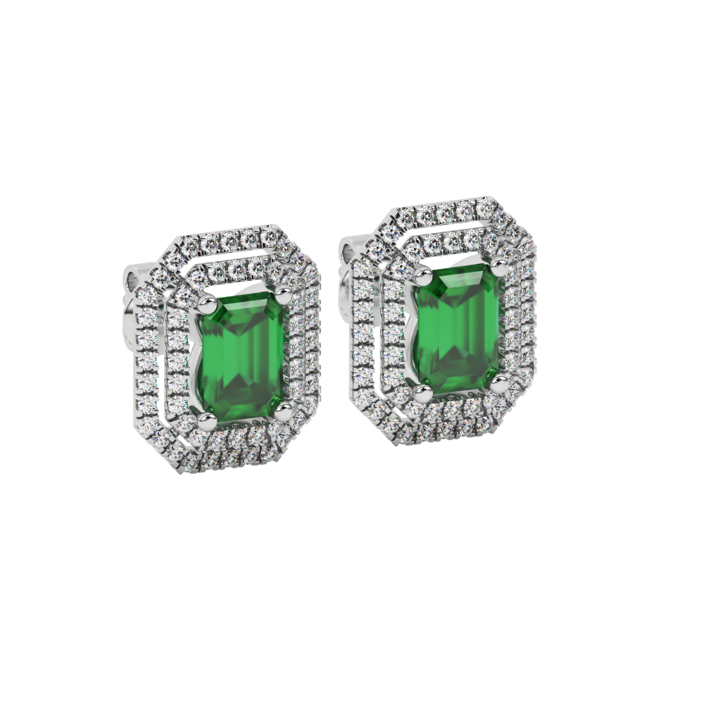 Emerald cut green gemstone double halo stud earrings with octagonal diamond halo in gold