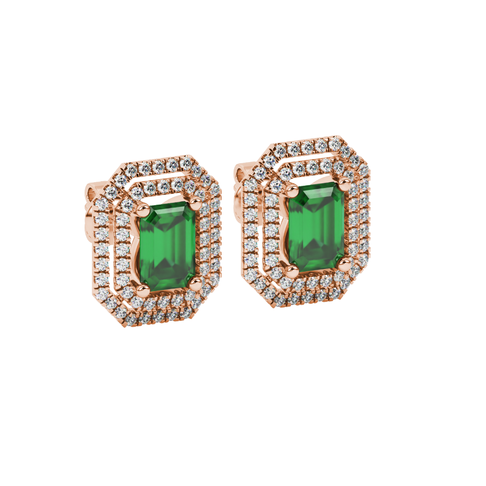 Emerald cut green gemstone double halo stud earrings with octagonal diamond halo in gold
