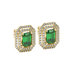 Emerald cut green gemstone double halo stud earrings with octagonal diamond halo in gold