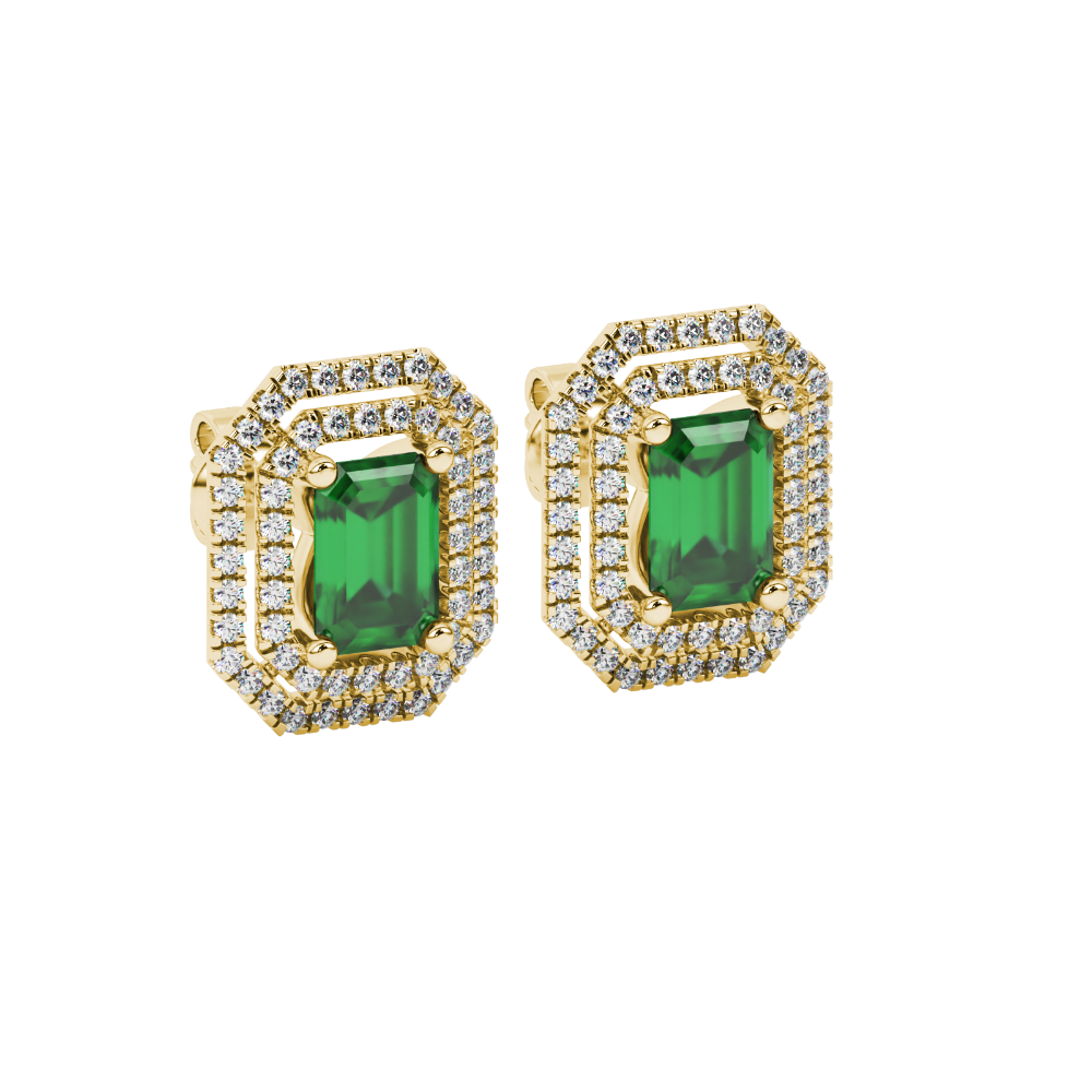 Emerald cut green gemstone double halo stud earrings with octagonal diamond halo in gold