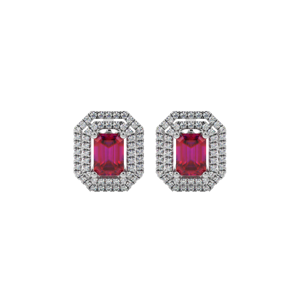 Emerald cut red gemstone double halo stud earrings with octagonal diamond halo in gold