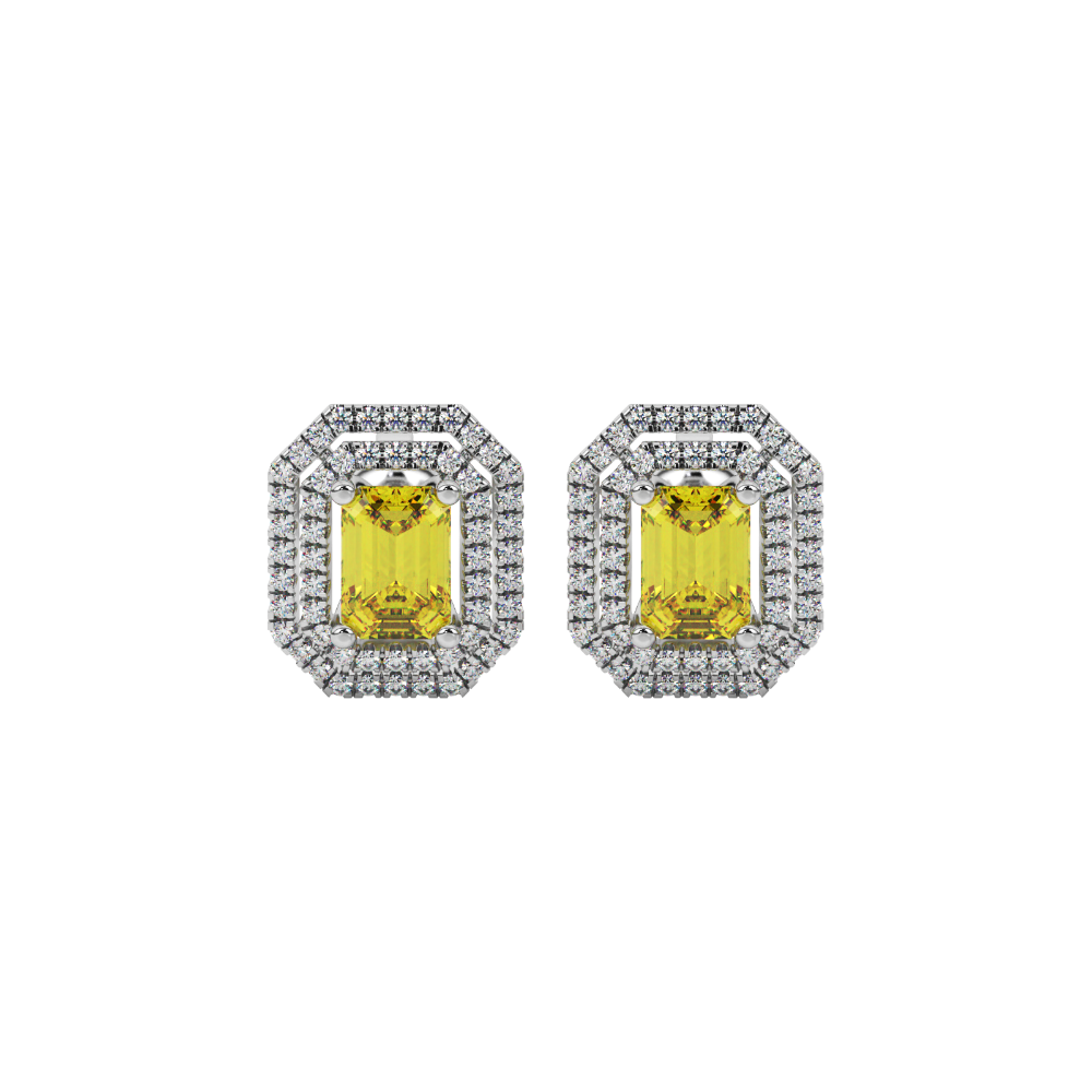 Emerald cut yellow gemstone double halo stud earrings with octagonal diamond halo in gold
