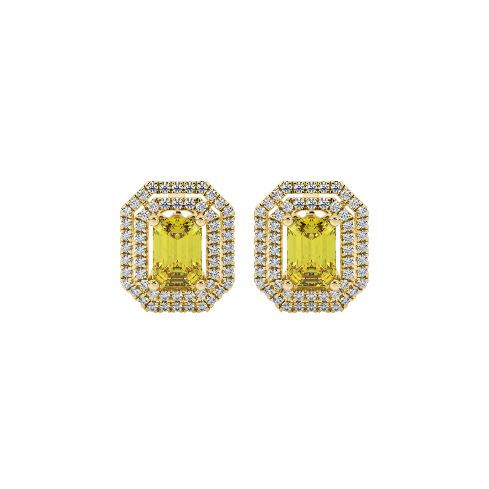 Emerald cut yellow gemstone double halo stud earrings with octagonal diamond halo in gold