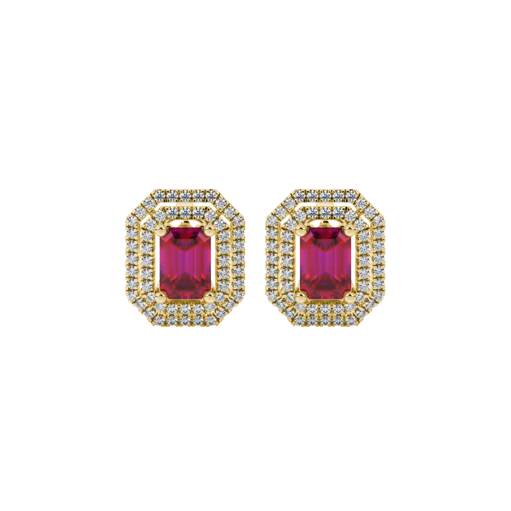 Emerald cut red gemstone double halo stud earrings with octagonal diamond halo in gold