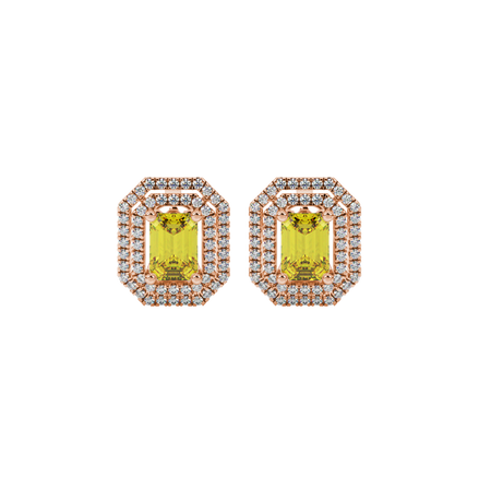 Emerald cut yellow gemstone double halo stud earrings with octagonal diamond halo in gold