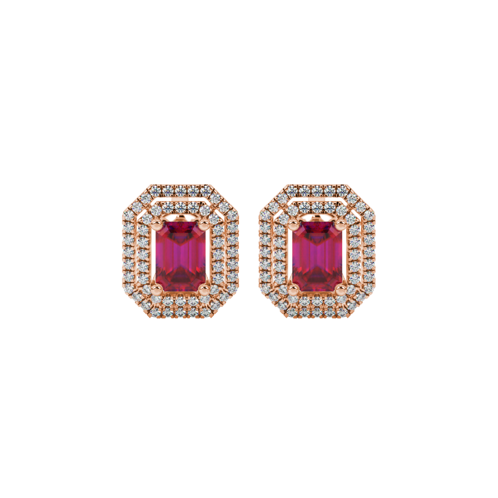 Emerald cut red gemstone double halo stud earrings with octagonal diamond halo in gold