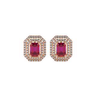 Raspberry Red emerald cut double falling edge halo gemstone stud earrings in Rose Gold