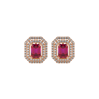 Raspberry Red emerald cut double falling edge halo gemstone stud earrings in Rose Gold